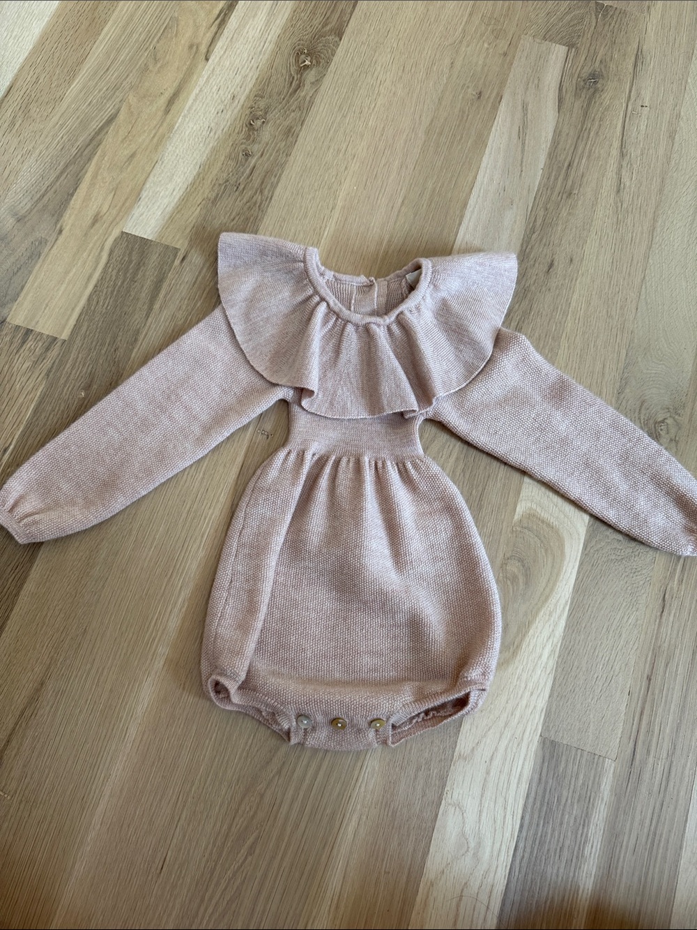 Long-Sleeve Ruffle Knit Baby Romper - Blush Pink